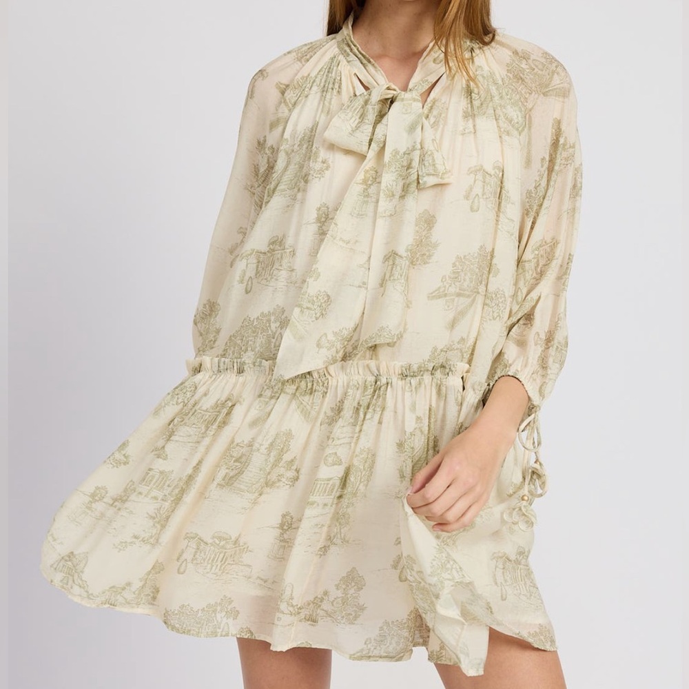 En Saison Cream Olive‎ Leighton Toile Minidress Printed Long Sleeve Size Medium